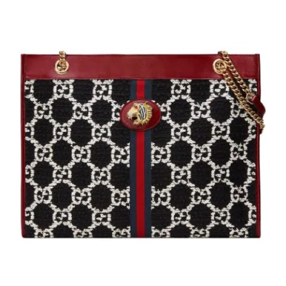 Gucci Black White Red Navy GG Chain-Trim Tote